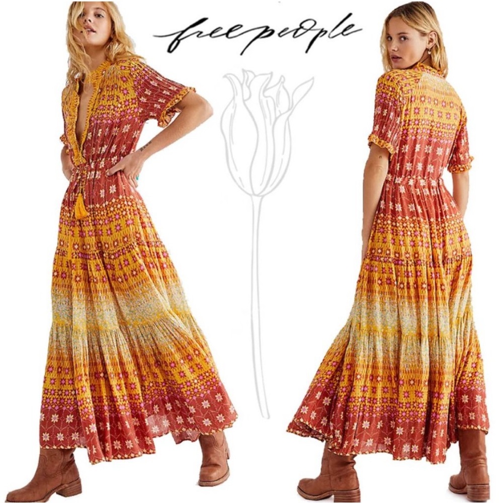 Free People Lava color Boho Printed Maxi Dress XS/P used
